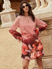 Lipsy Pink Floral Placement Print Long Sleeve Mini Shift Dress - Image 1 of 4