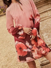 Lipsy Pink Floral Placement Print Long Sleeve Mini Shift Dress - Image 3 of 4