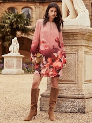 Lipsy Pink Floral Placement Print Long Sleeve Mini Shift Dress - Image 4 of 4