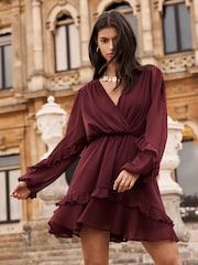 Lipsy Burgundy Red V Neck Ruffle Long Sleeve Chiffon Mini Dress - Image 1 of 4