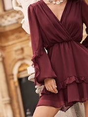 Lipsy Burgundy Red V Neck Ruffle Long Sleeve Chiffon Mini Dress - Image 2 of 4