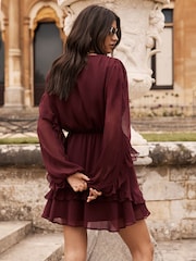 Lipsy Burgundy Red V Neck Ruffle Long Sleeve Chiffon Mini Dress - Image 3 of 4