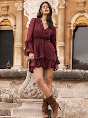 Lipsy Burgundy Red V Neck Ruffle Long Sleeve Chiffon Mini Dress - Image 4 of 4
