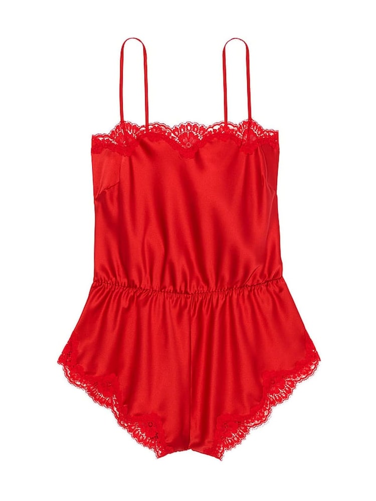 Victoria's Secret Vermillion Red Satin Lace-Trim Playsuit - Image 3 of 3