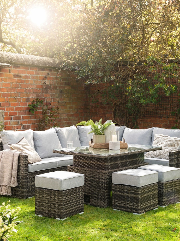 Barker and Stonehouse Grey Madeira Rattan L Shape Garden Corner Sofa Dining Set with Table - Image 1 of 7