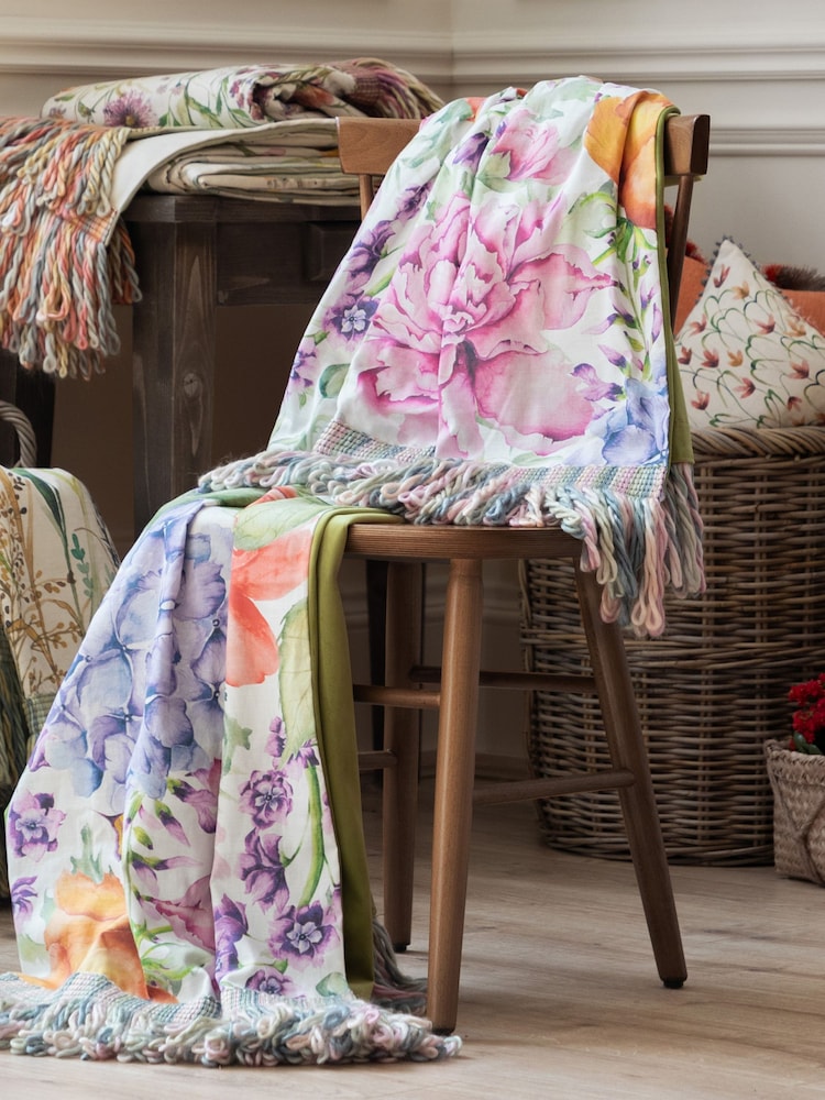 Voyage Maison Fuchsia Idalia Floral Fringed Cotton/Linen Mix Throw - Image 1 of 7 Voyage Maison Fuchsia Idalia Floral Fringed Cotton/Linen Mix Throw - Image 1 of 7