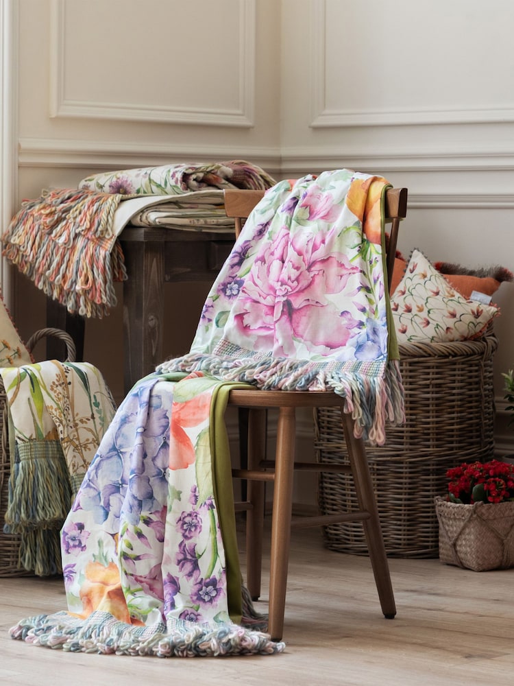 Voyage Maison Fuchsia Idalia Floral Fringed Cotton/Linen Mix Throw - Image 2 of 7 Voyage Maison Fuchsia Idalia Floral Fringed Cotton/Linen Mix Throw - Image 2 of 7
