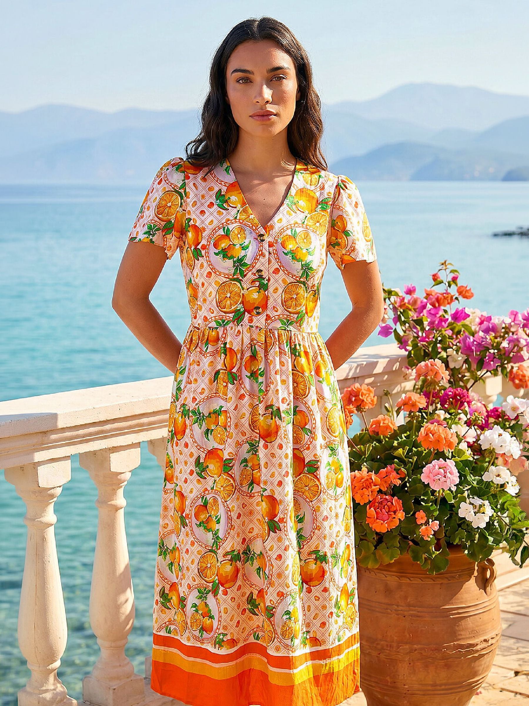 Buy Roman Orange Fruit Print V-Neck Midi Dress from Next USA