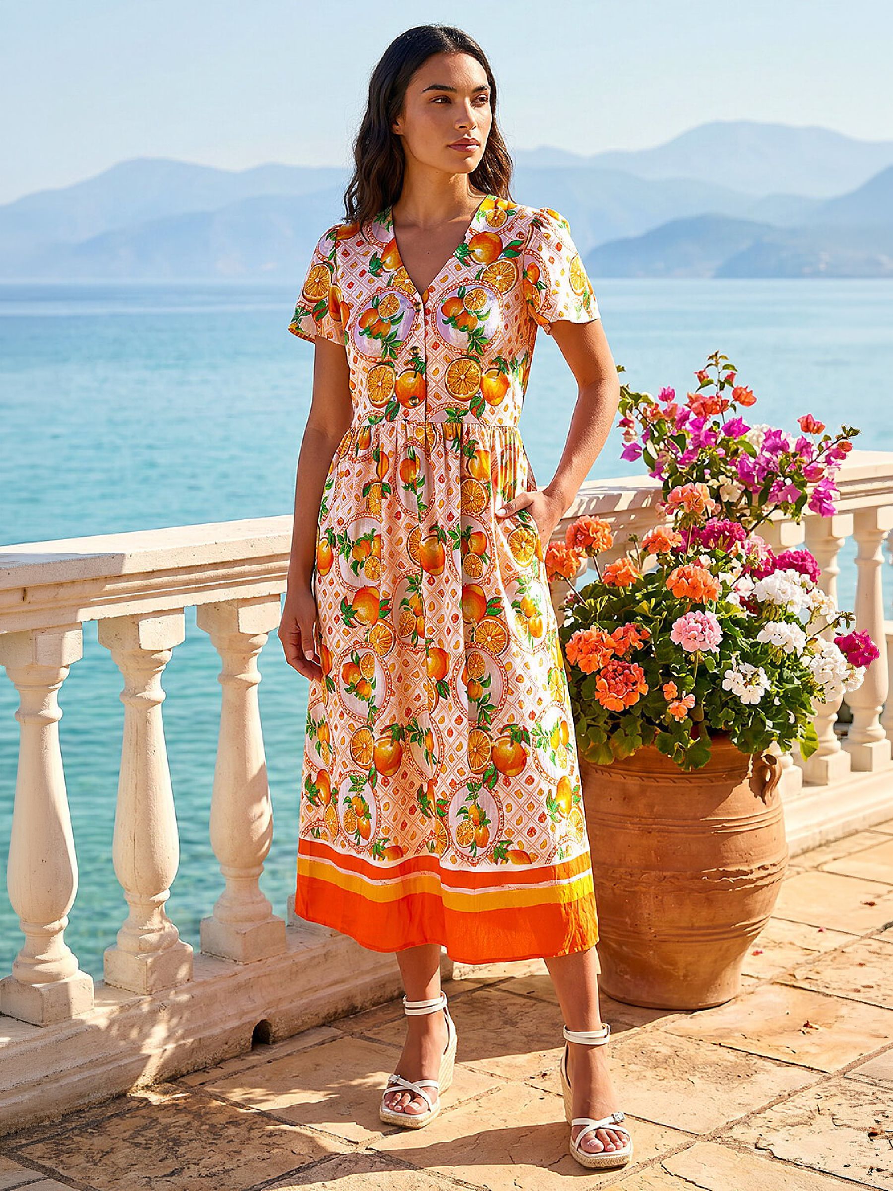 Buy Roman Orange Fruit Print V-Neck Midi Dress from Next USA