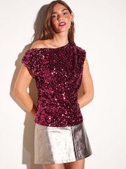 Friends Like These Raspberry Sequin Draped Off The Shoulder Top - Image 3 of 5