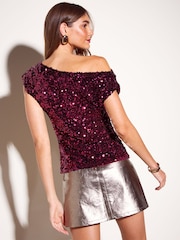 Friends Like These Raspberry Sequin Draped Off The Shoulder Top - Image 4 of 5