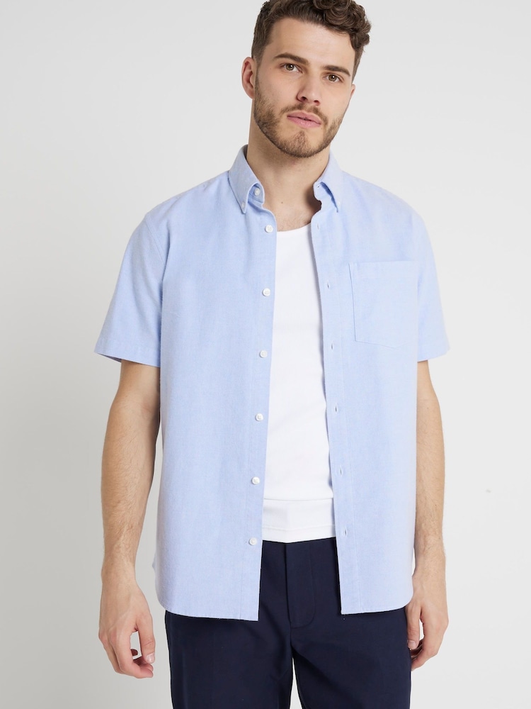 River Island Blue Short Sleeve Laundered Oxford Shirt - Image 1 of 4 River Island Blue Short Sleeve Laundered Oxford Shirt - Image 1 of 4