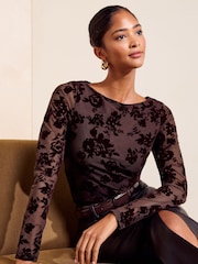 Friends Like These Brown Flocked Mesh Boat Neck Top - Image 1 of 6