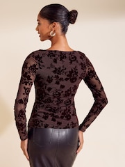 Friends Like These Brown Flocked Mesh Boat Neck Top - Image 5 of 6