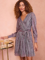 Love & Roses Silver/Black Layered Long Sleeve Wrap Mini Dress - Image 1 of 4