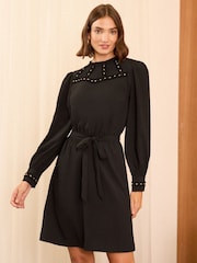 Love & Roses Black Stud Trim Belted Mini Dress - Image 1 of 4