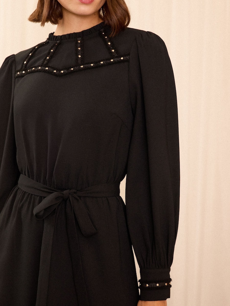 Love & Roses Black Stud Trim Belted Mini Dress - Image 4 of 4