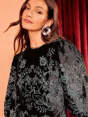 Love & Roses Black Velvet Burnout Puff Sleeve Midi Dress - Image 2 of 4