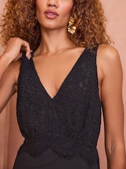 Love & Roses Black V Neck Lace Bodice Midi Dress - Image 3 of 4