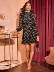 Love & Roses Black Polka Dot High Neck Foil Mini Dress - Image 1 of 4