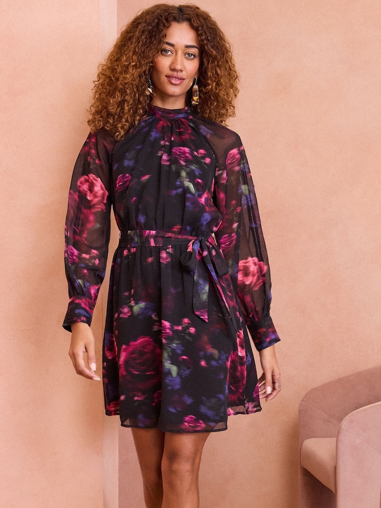 Love & Roses Black Floral Petite Keyhole Detail Mini Dress - Image 1 of 4 Love & Roses Black Floral Petite Keyhole Detail Mini Dress - Image 1 of 4