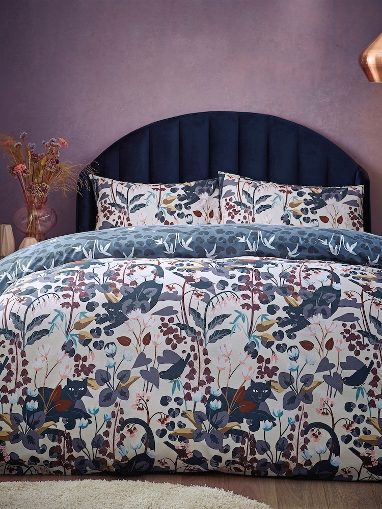 Furn Dusky Blue Midnight Panther Floral Duvet Cover Set - Image 1 of 4