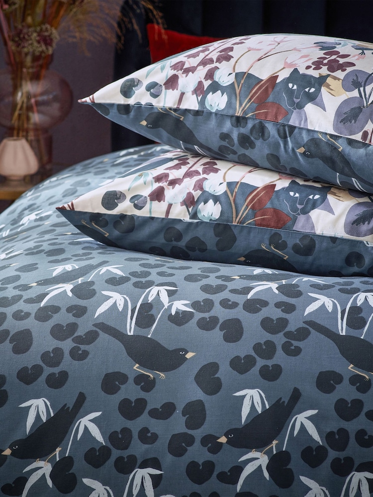 Furn Dusky Blue Midnight Panther Floral Duvet Cover Set - Image 2 of 4