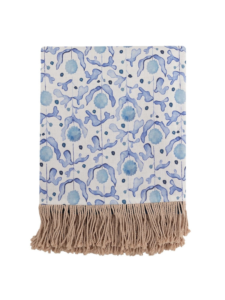 Voyage Maison Cobalt Mariani Floral Fringed Cotton/Linen Mix Throw - Image 1 of 3
