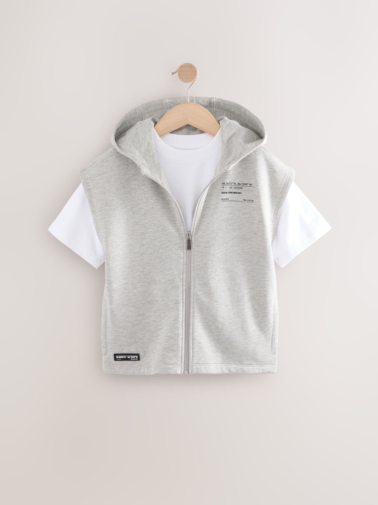 Grey/White Dropped Shoulder Sleeveless Zip Through Hoodie and T-Shirt Set (3-16yrs) - Image 1 of 5