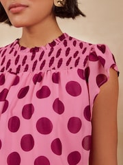 Love & Roses Pink Spot Shirred Yoke Flutter Sleeve Blouse - Image 2 of 4