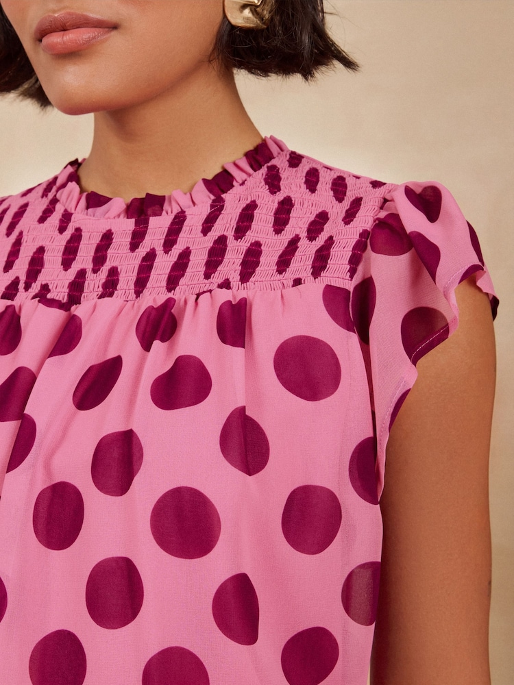 Love & Roses Pink Spot Shirred Yoke Flutter Sleeve Blouse - Image 2 of 4