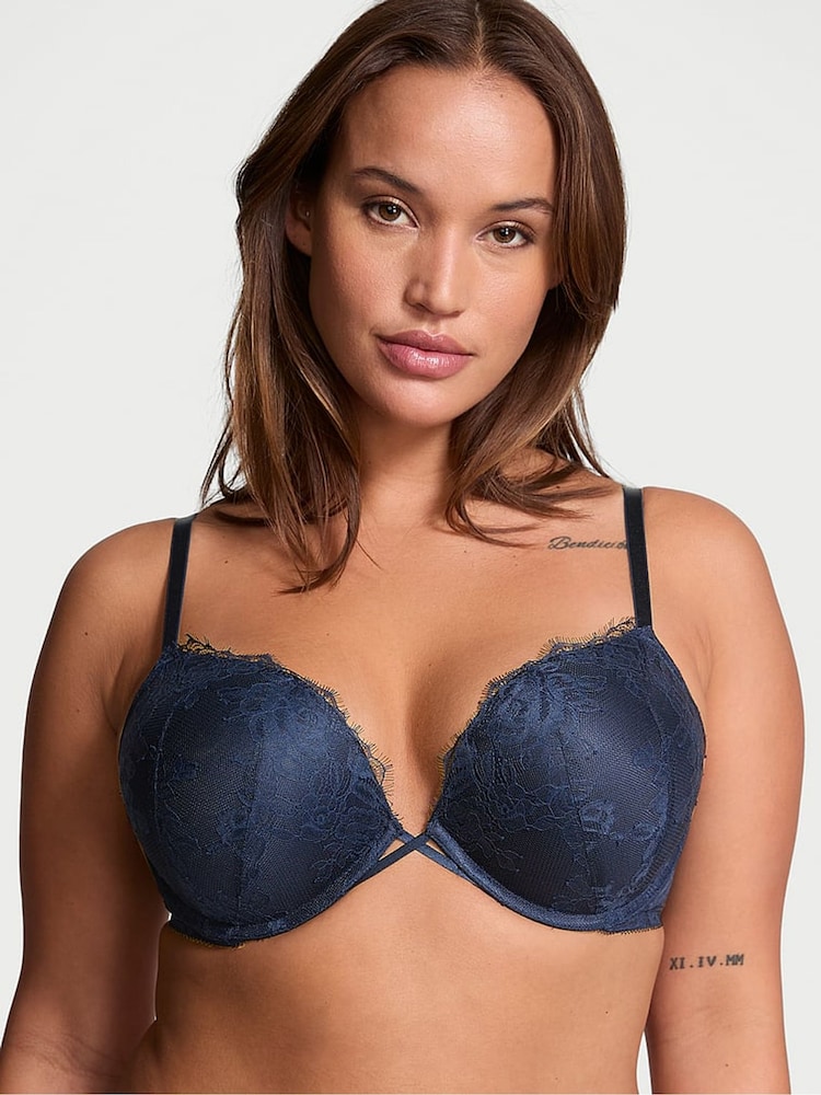Victoria's Secret Dark Twilight Blue Bombshell Add 2 Cups Push Up Rose Lace Bra - Image 1 of 3