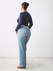 Mid Blue Hourglass Baggy 100% Cotton Wide Leg Jeans - Image 6 of 13