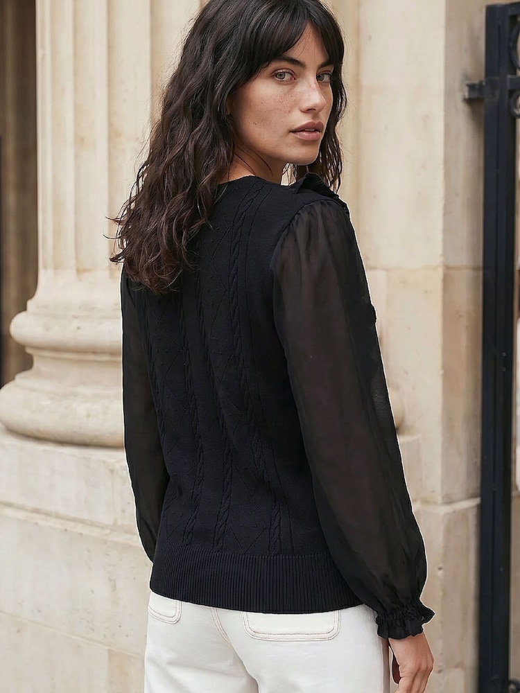 Roman Black Woven Sleeve Knit Blouse - Image 2 of 4 Roman Black Woven Sleeve Knit Blouse - Image 2 of 4