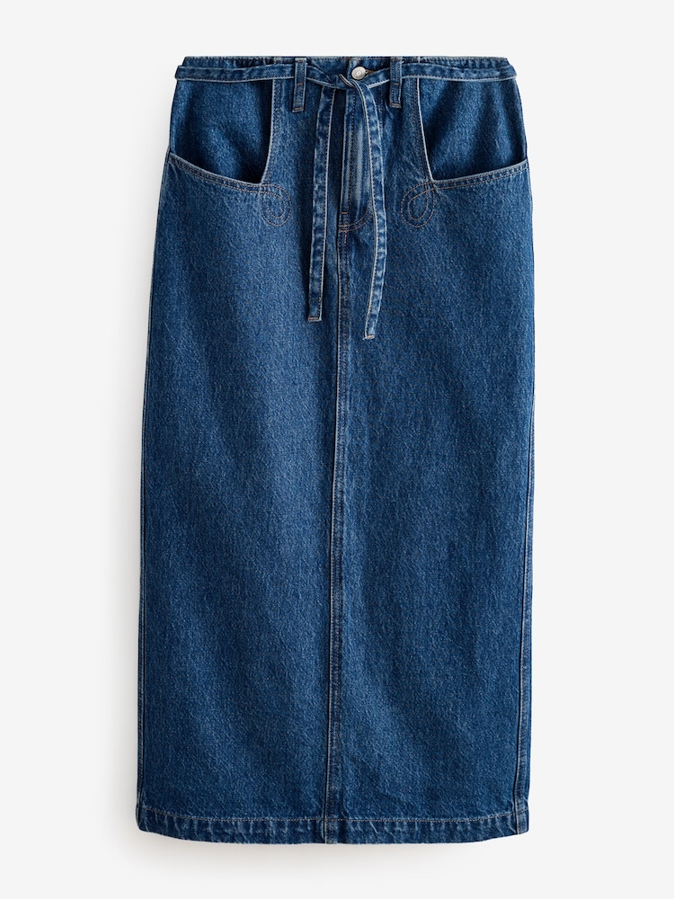 Mid Blue 100% Cotton Hourglass Belted Pocket Stitch Midi Skirt - Image 1 of 3