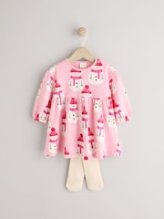 Pink Snowman Christmas Baby Jersey 100% Cotton Dress With Tights Set (0mths-2yrs) - Image 1 of 7