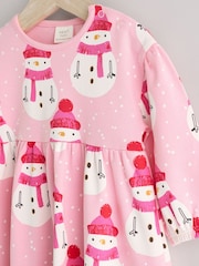 Pink Snowman Christmas Baby Jersey 100% Cotton Dress With Tights Set (0mths-2yrs) - Image 3 of 7