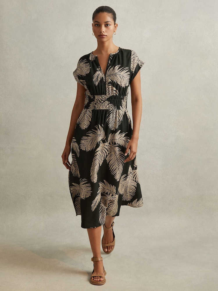 Reiss Khaki Colby Tropical Print Elasticated Waist Midi Dress - Image 1 of 5
