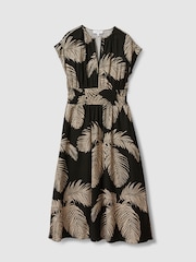 Reiss Khaki Colby Tropical Print Elasticated Waist Midi Dress - Image 2 of 5