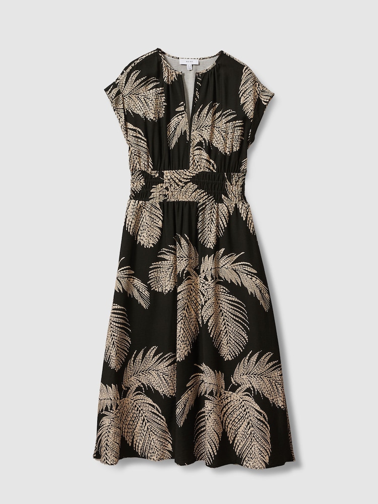 Reiss Khaki Colby Tropical Print Elasticated Waist Midi Dress - Image 2 of 5