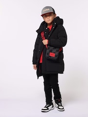 HUGO Black Longline Logo Puffer Coat - Image 1 of 3