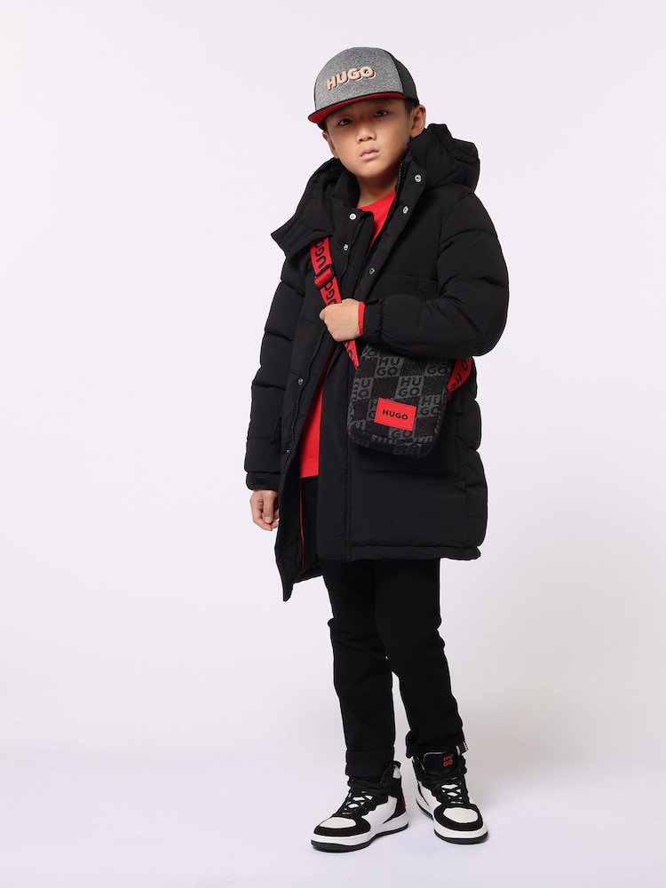 HUGO Black Longline Logo Puffer Coat - Image 1 of 3