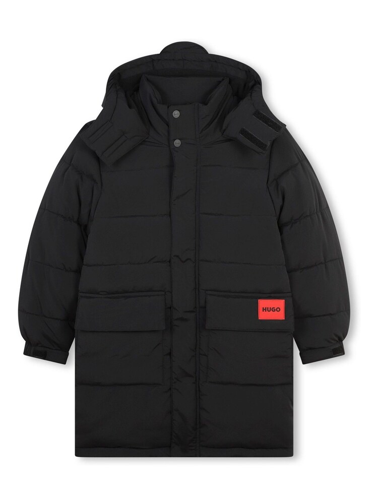 HUGO Black Longline Logo Puffer Coat - Image 2 of 3