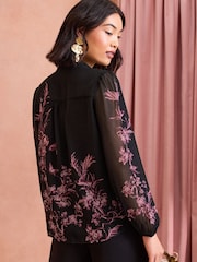 Love & Roses Pink / Black Printed Pussybow Long Sleeve Blouse - Image 2 of 4