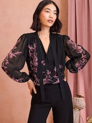 Love & Roses Pink / Black Printed Pussybow Long Sleeve Blouse - Image 3 of 4