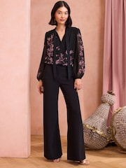Love & Roses Pink / Black Printed Pussybow Long Sleeve Blouse - Image 4 of 4