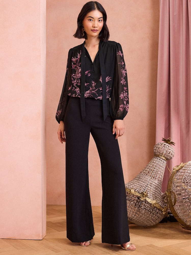Love & Roses Pink / Black Printed Pussybow Long Sleeve Blouse - Image 4 of 4