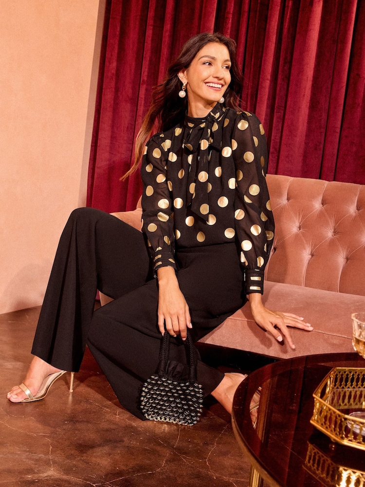 Love & Roses Black Foil Foil Polka Dot High Neck Long Sleeve Blouse - Image 2 of 4