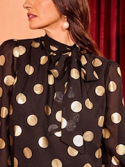 Love & Roses Black Foil Foil Polka Dot High Neck Long Sleeve Blouse - Image 3 of 4