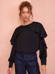 Love & Roses Black Bow Detail Drape Satin Blouse - Image 1 of 4